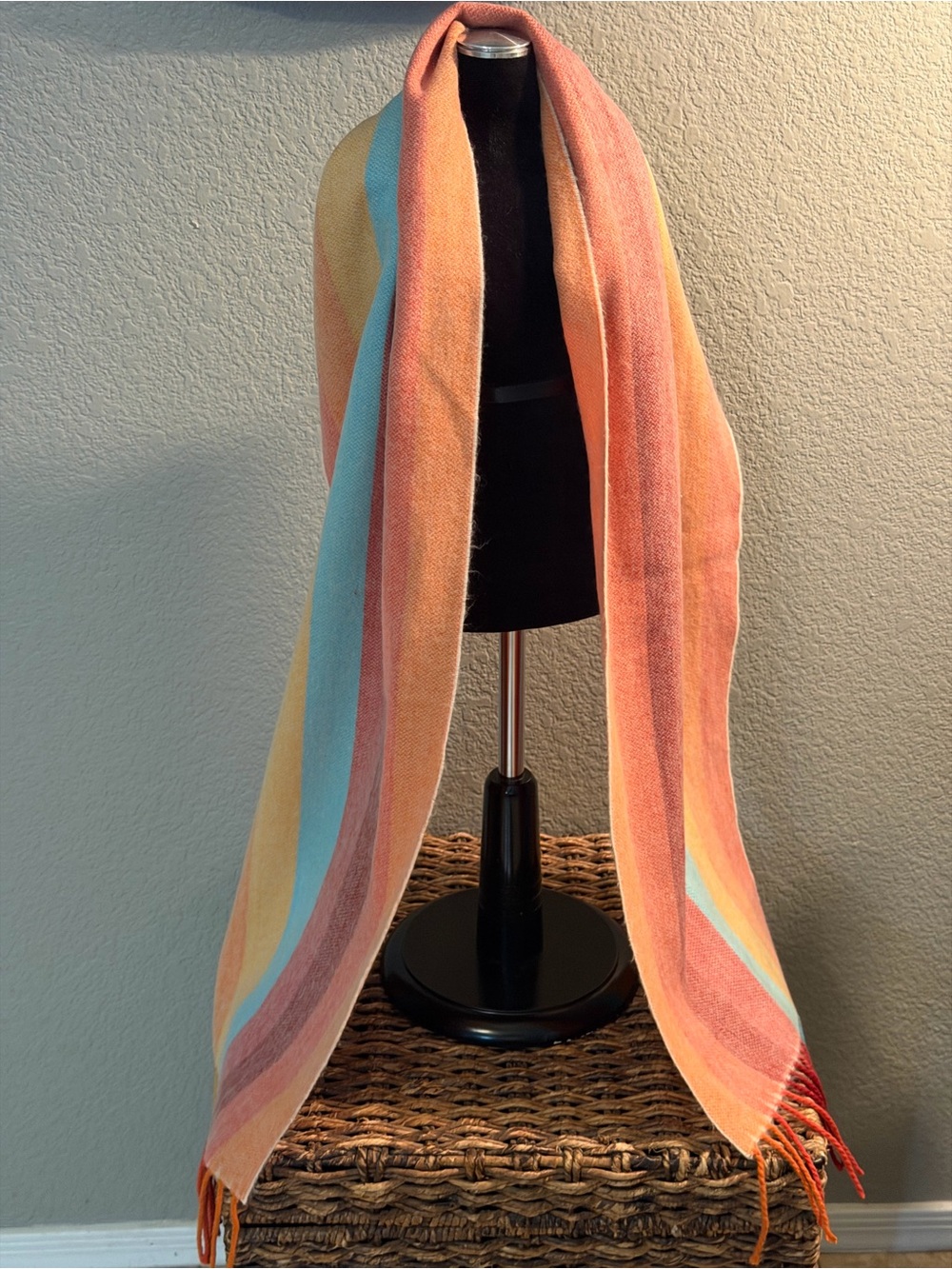 100% Cashmere Scarf Made in Scotland Pastel Plaid Tartan Fringe Luxury Vtg. NWOT